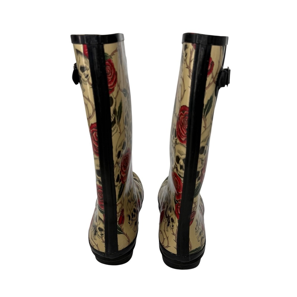 Wyre Valley Skull Rose Gothic Rain Boots Women's 8 Punk Alt Rubber - Picture 4 of 16